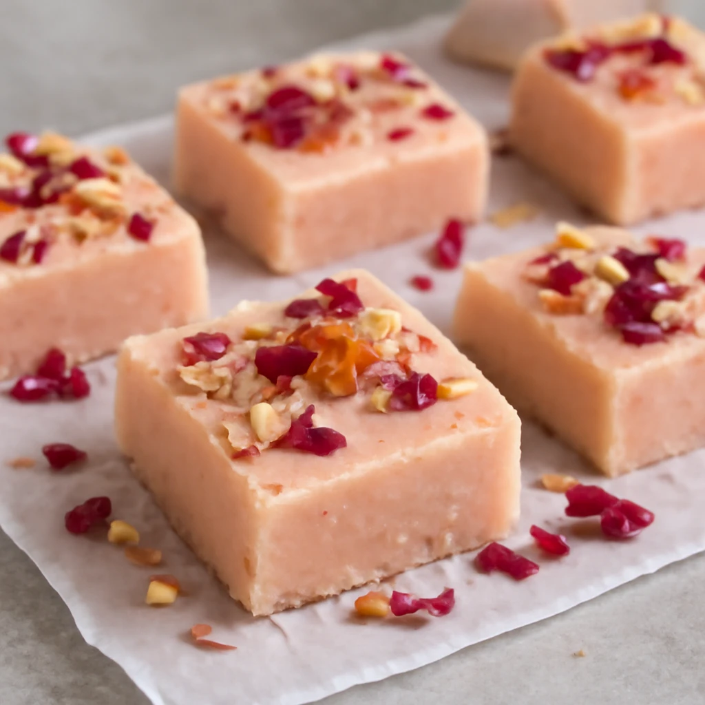 Finom indiai Barfi rózsavíz és mandula díszítéssel