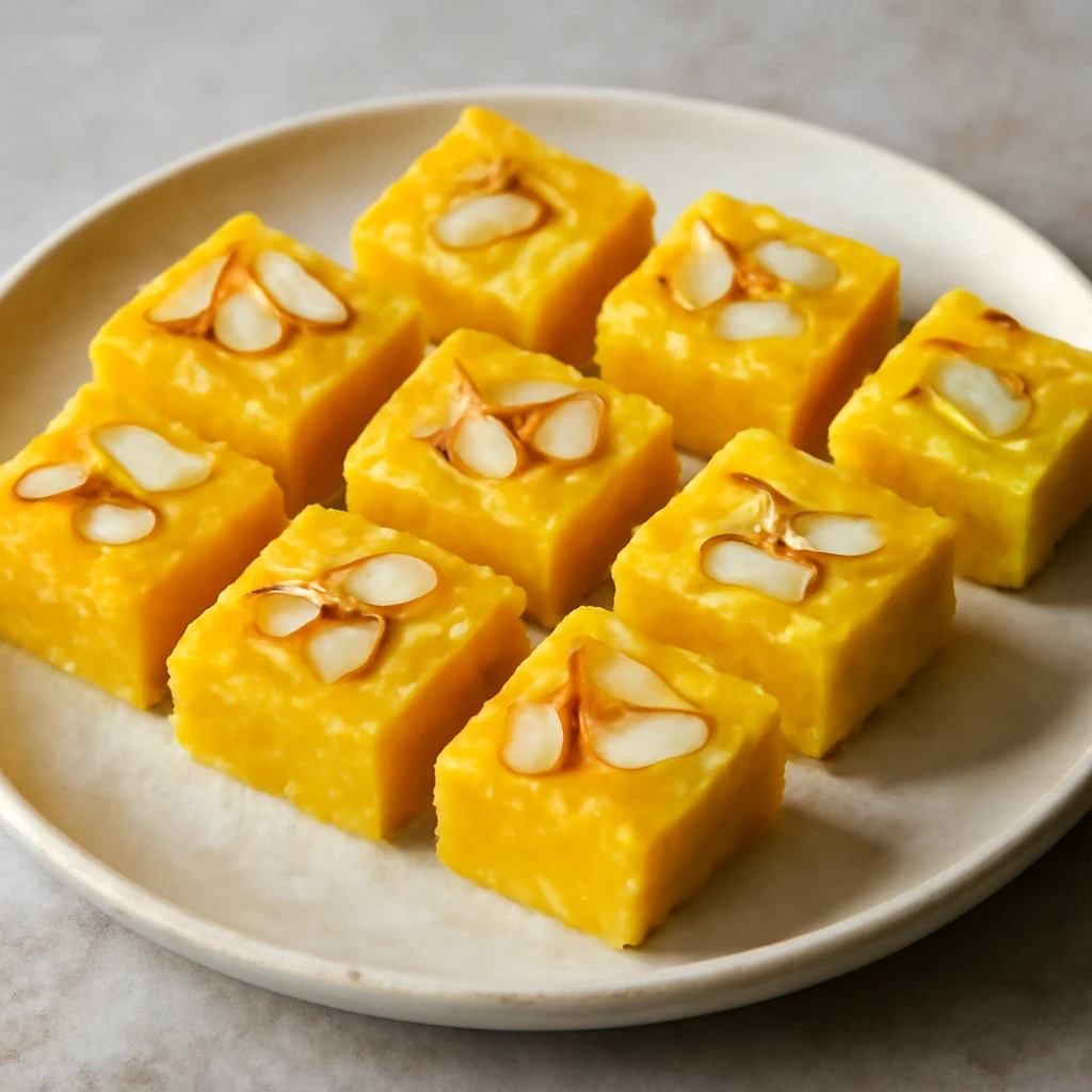 Finom indiai Barfi sáfrányos ízzel és mandulával
