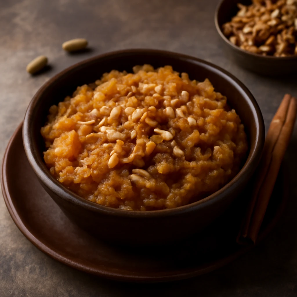 Indiai édesség Besan ka Halwa készítése pörkölt dióval és rózsavízzel