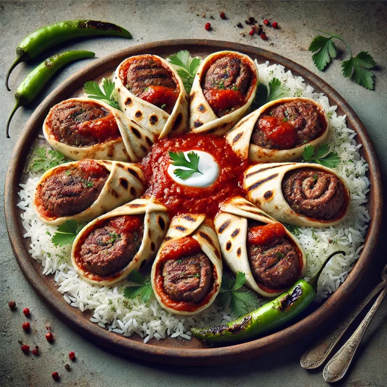 Beyti Kebab paradicsomszósszal és joghurttal tálalva