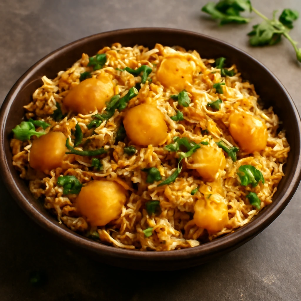 Fűszeres biryani burgonyával, friss korianderrel tálalva