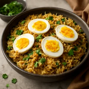 Fűszeres biryani tojással, friss korianderrel tálalva