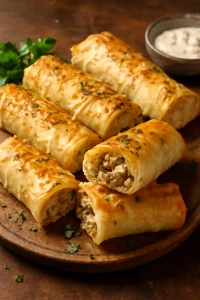Friss, ropogós börek csirkével, fetasajttal és petrezselyemmel töltve