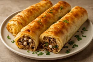 Friss, ropogós börek darált hússal, fetasajttal és petrezselyemmel töltve