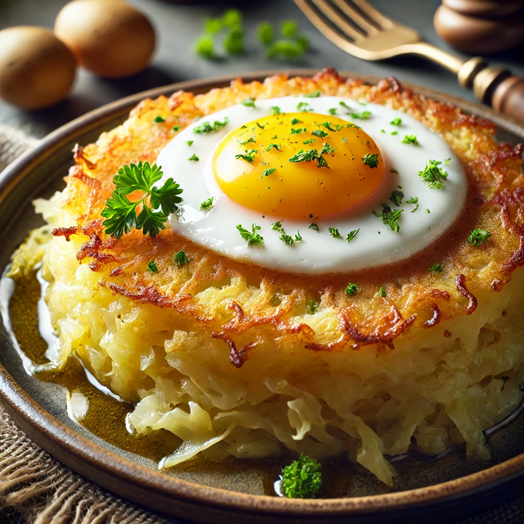 Bubble and squeak, főtt burgonyával, káposztával és tükörtojással