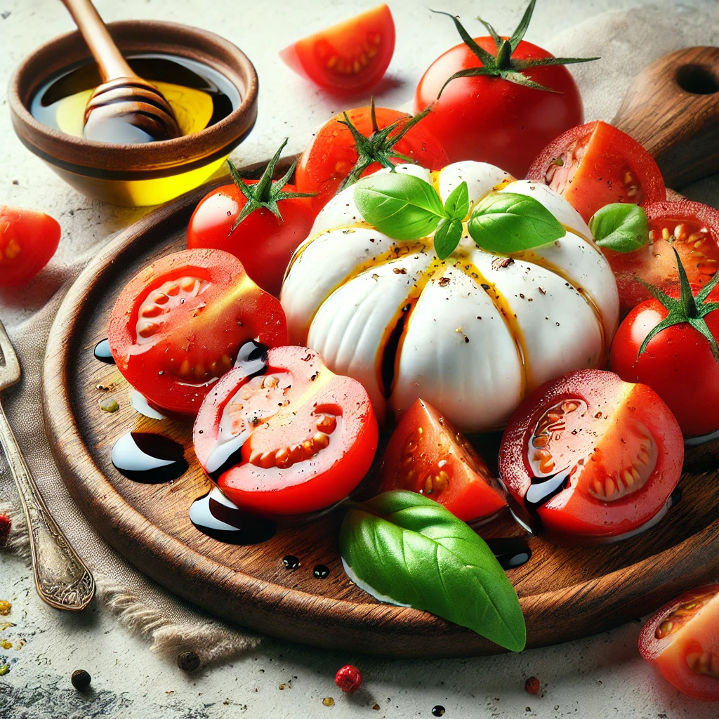 Friss és tápláló burrata saláta, balzsamecettel, paradicsommal és olívaolajjal.