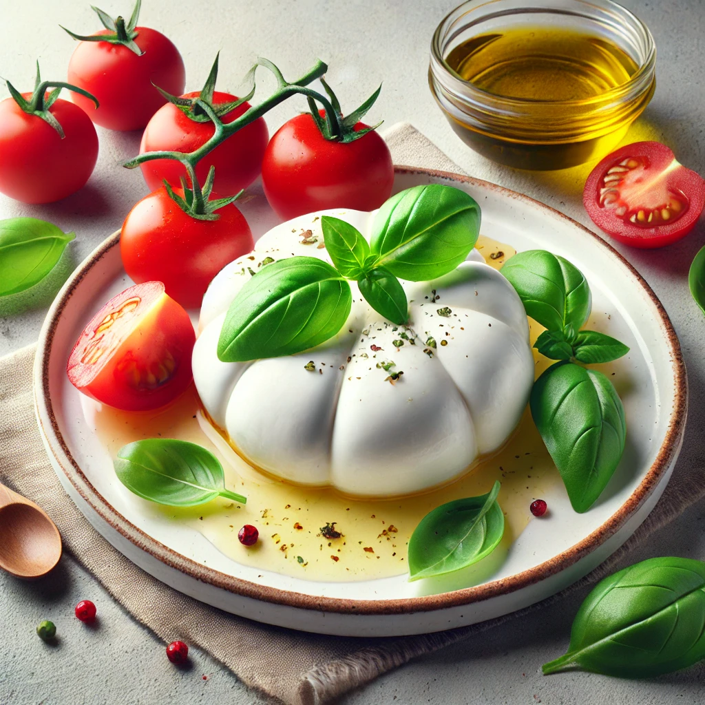 Friss és tápláló burrata saláta, bazsalikommal, paradicsommal és olívaolajjal.