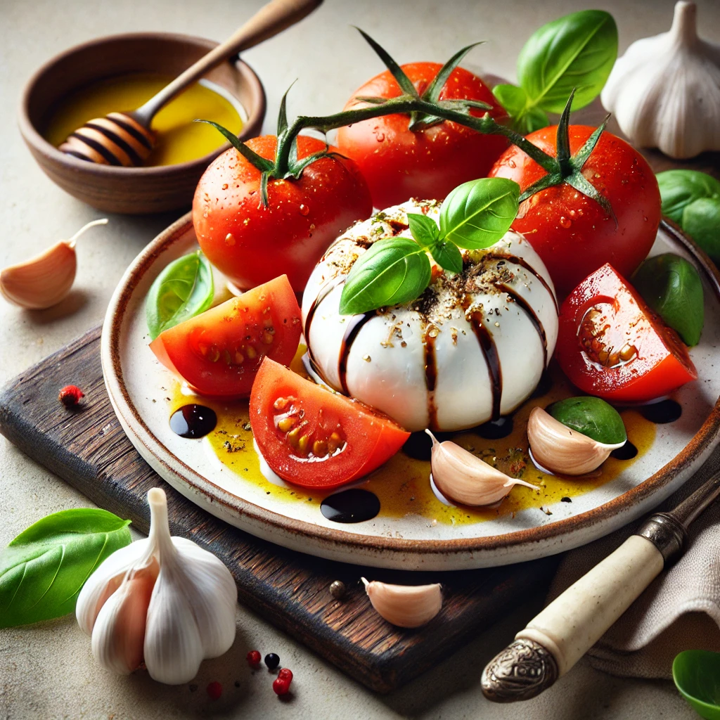 Friss és tápláló burrata saláta, fokhagymával, paradicsommal és olívaolajjal.