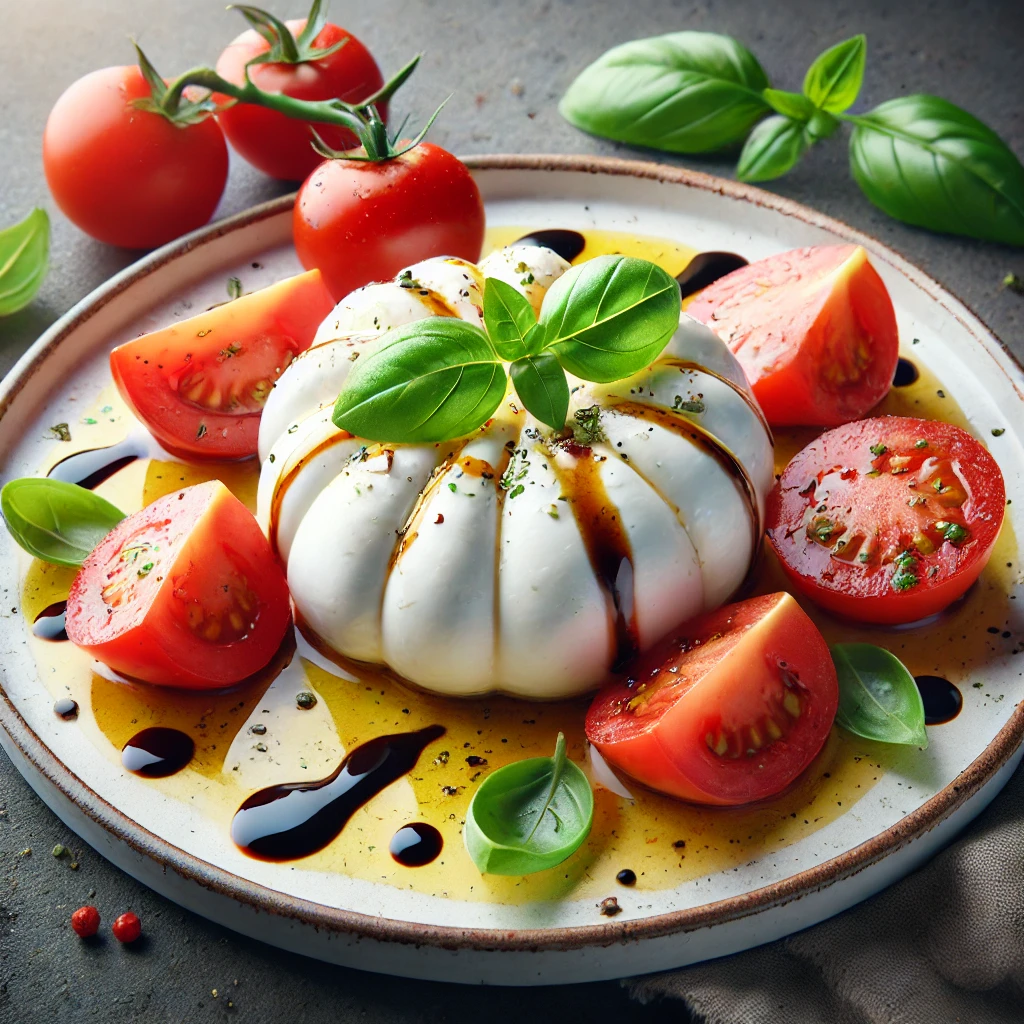 Friss és tápláló burrata saláta, olívaolajjal és balzsamecettel.