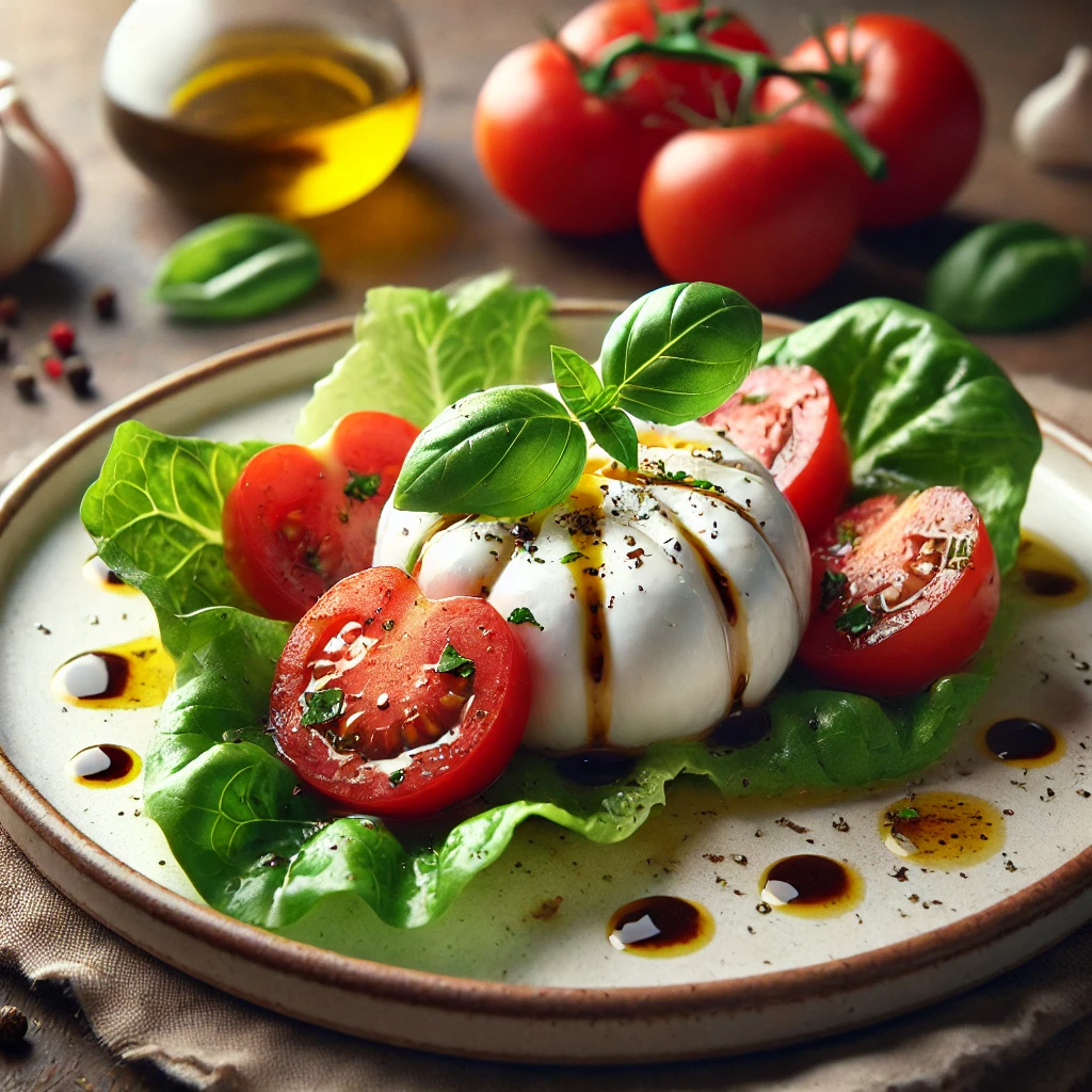 Friss és tápláló burrata saláta, paradicsommal és olívaolajjal.