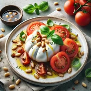 Friss és tápláló burrata saláta, pirított fenyőmaggal, paradicsommal és olívaolajjal.