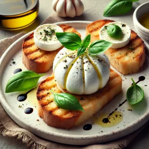 Friss és tápláló burrata, pirított kenyéren, fokhagymával, balzsamecettel és bazsalikommal.