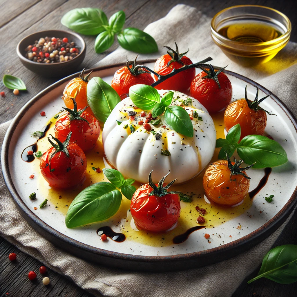 Friss és tápláló burrata saláta, sült cseresznye paradicsommal, paradicsommal és olívaolajjal.