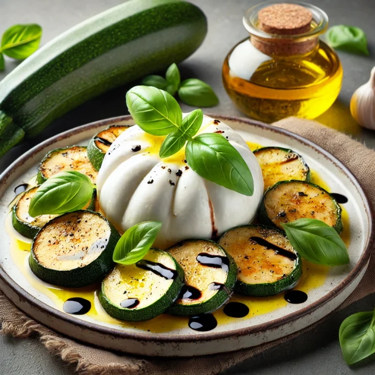 Burrata sült cukkínivel, friss salátával és balzsamecettel tálalva.