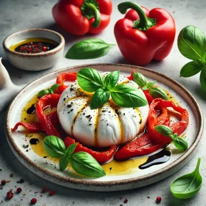 Friss és tápláló burrata saláta, sült paprikával, paradicsommal és olívaolajjal.