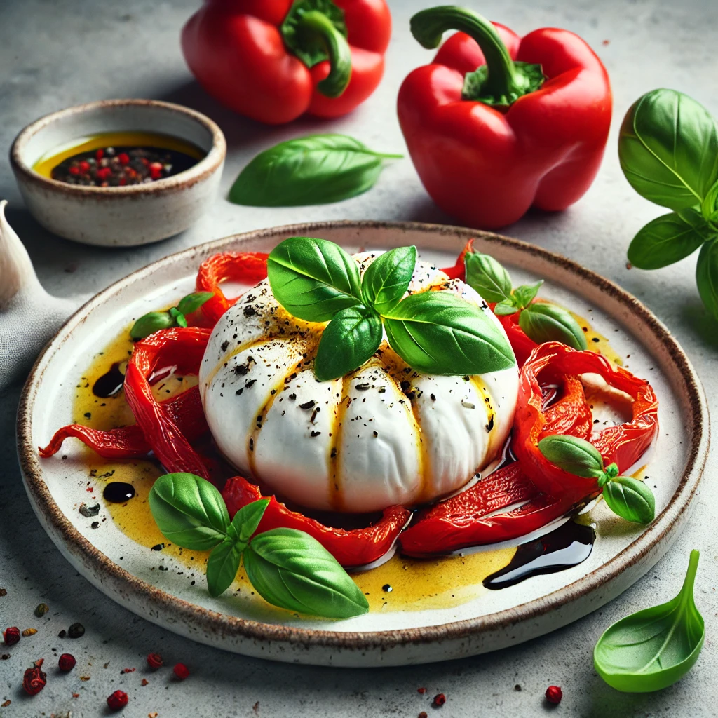 Friss és tápláló burrata saláta, sült paprikával, paradicsommal és olívaolajjal.