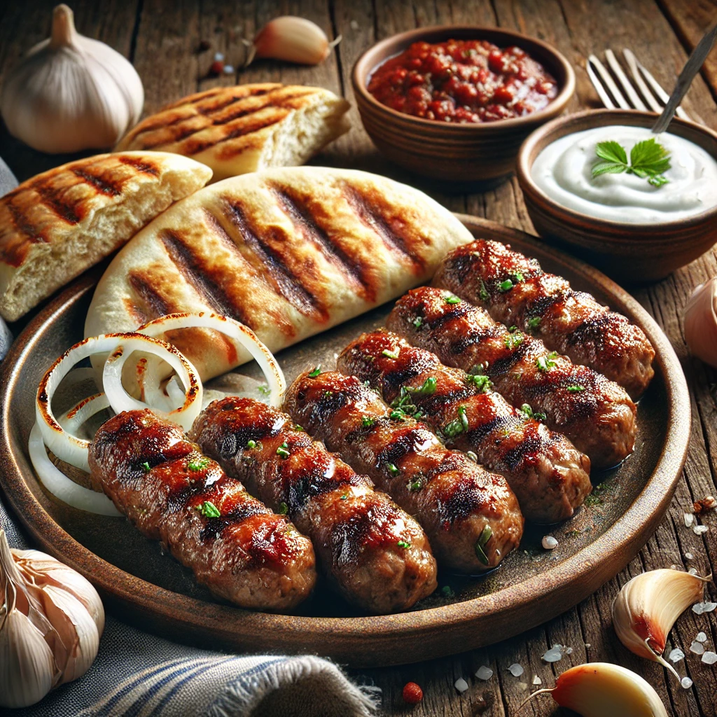 Finom grill cevapi, szaftos hús, friss pita és joghurt