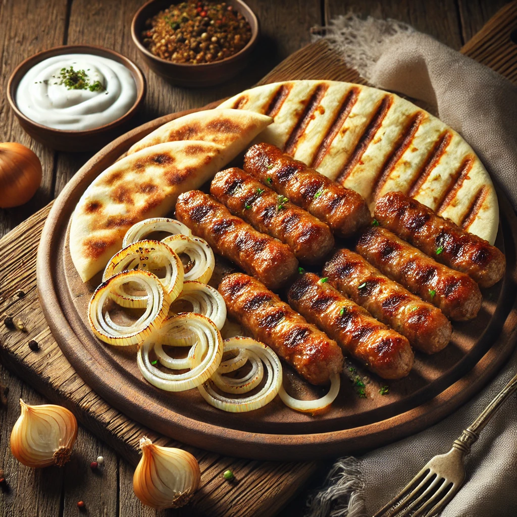 Finom grill cevapi, szaftos hús, friss pita és joghurt
