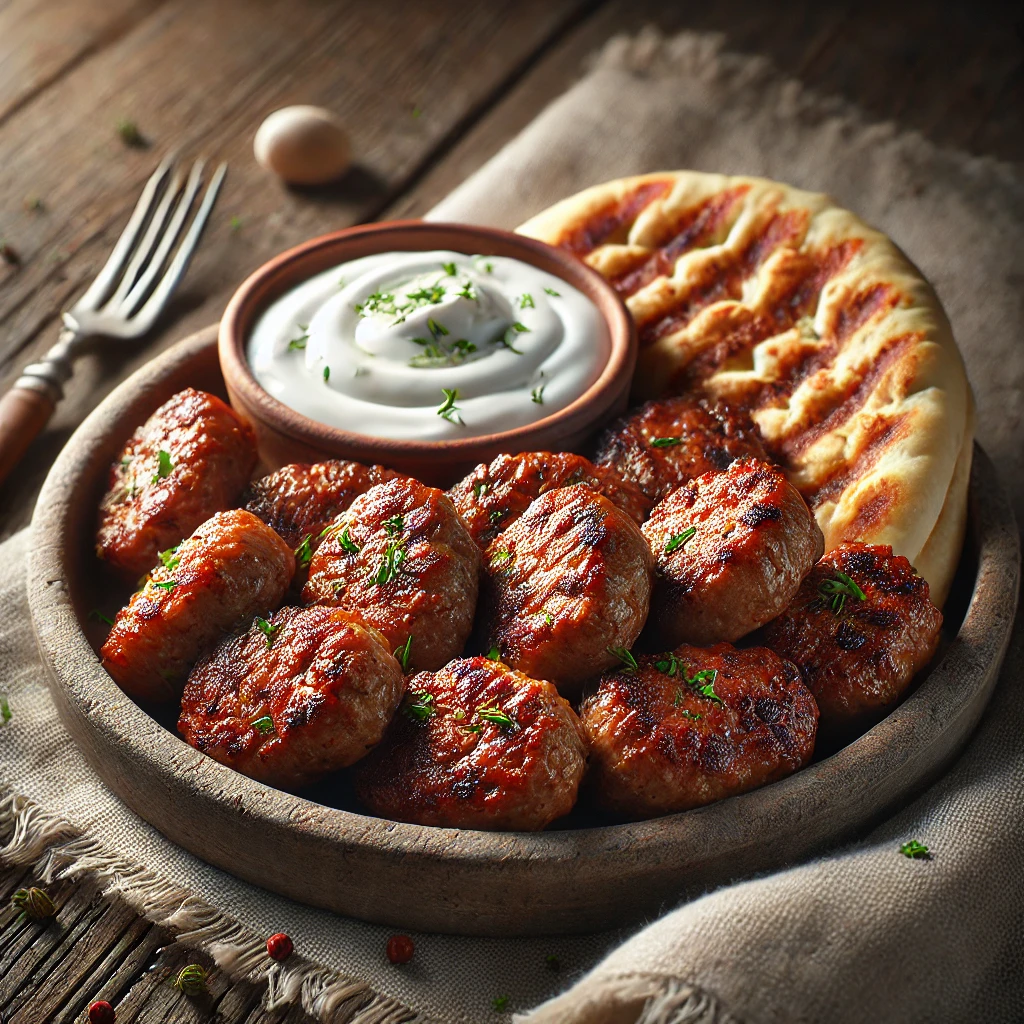 Finom grill cevapi, szaftos hús, friss pita és joghurt