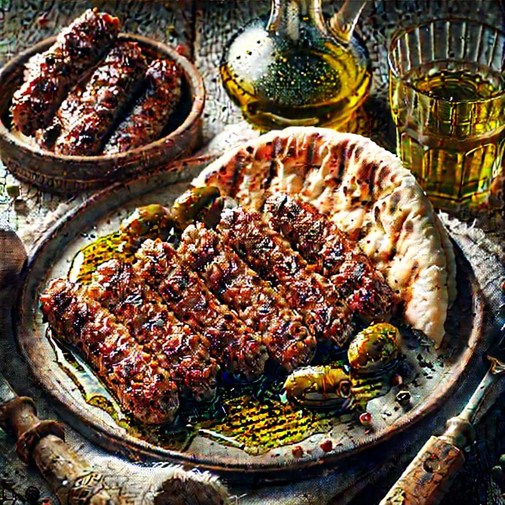 Finom grill cevapi, szaftos hús, friss pita és olívaolaj