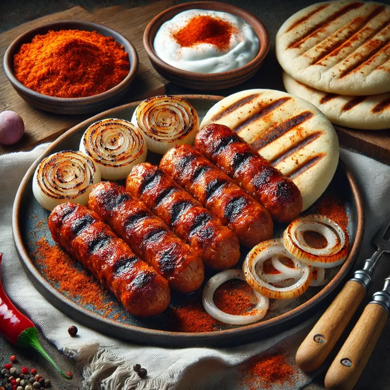 Cevapi pirospaprikával, frissen sült és szép aranybarna, pita kenyéren tálalva