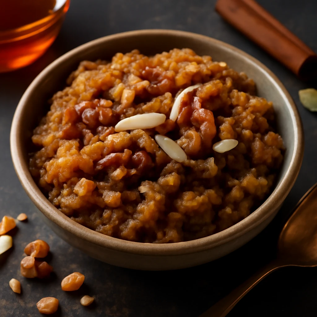 Indiai édesség Chana Dal Halwa készítése pörkölt dióval és rózsavízzel