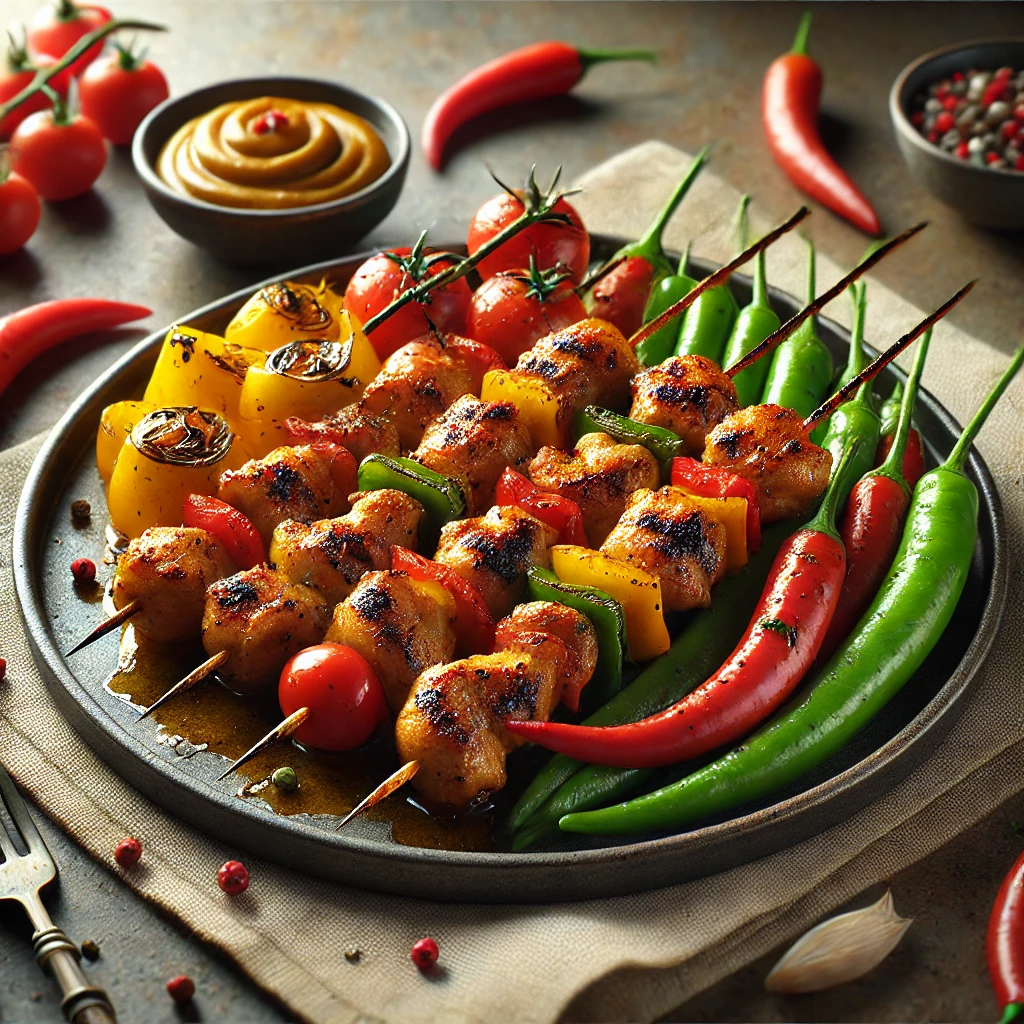 Fűszeres csirke nyársak chiliszószban