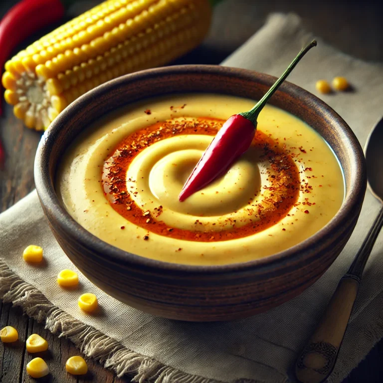 Chilis kukoricakrémleves tálalva