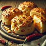 Chilis sajtos pogácsák aranybarnára sütve, rusztikus tálalásban