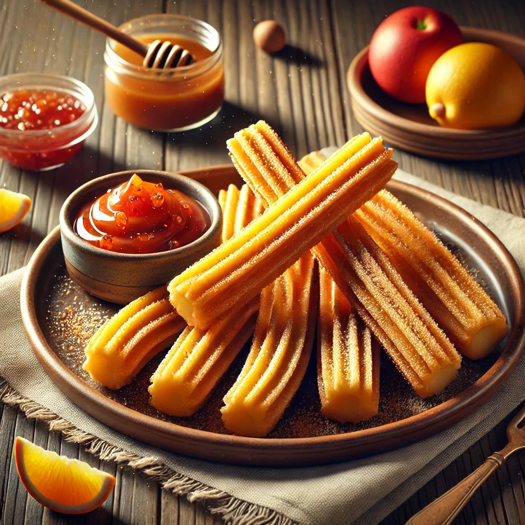 Frissen sült churros fahéjas cukorral és lekvárral