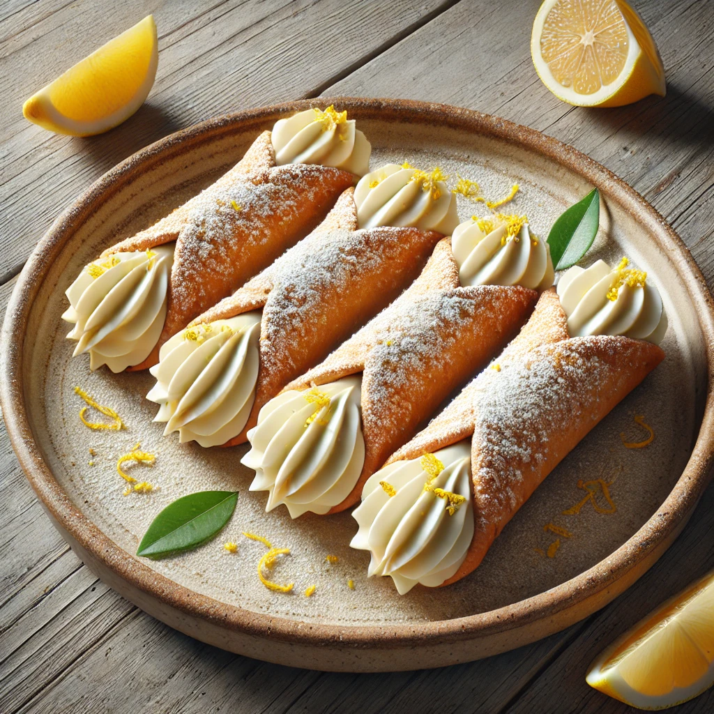 Friss citrommal és ricottával töltött, porcukorral szórt olasz cannoli desszert