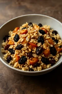 Egészséges és ínycsiklandó couscous étel aszalt gyümölcsökkel
