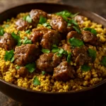 Klasszikus couscous bárányhússal, gazdag fűszerekkel tálalva, friss korianderrel