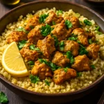 Klasszikus couscous csirkével, gazdag fűszerekkel tálalva, friss korianderrel