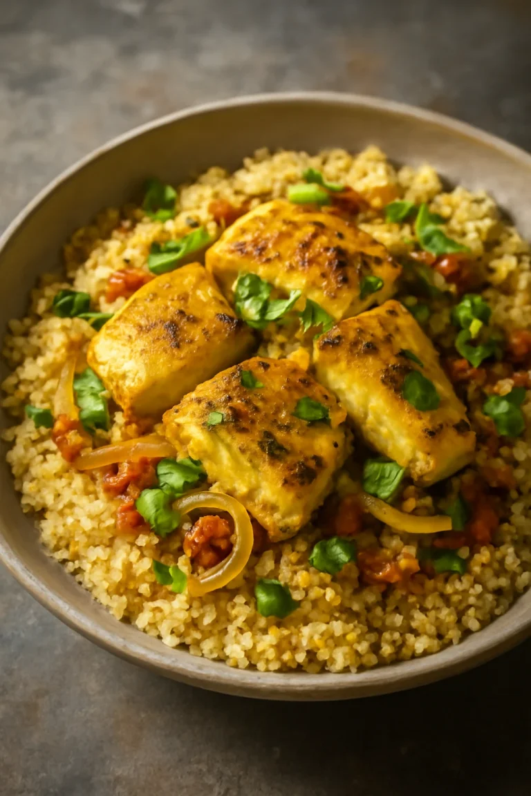 Klasszikus couscous halakkal, gazdag fűszerekkel tálalva, friss korianderrel