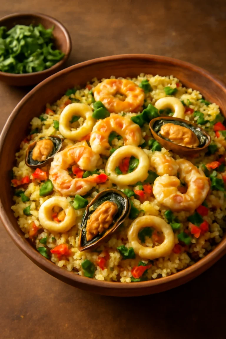 Klasszikus couscous tenger gyümölcseivel, gazdag fűszerekkel tálalva, friss korianderrel