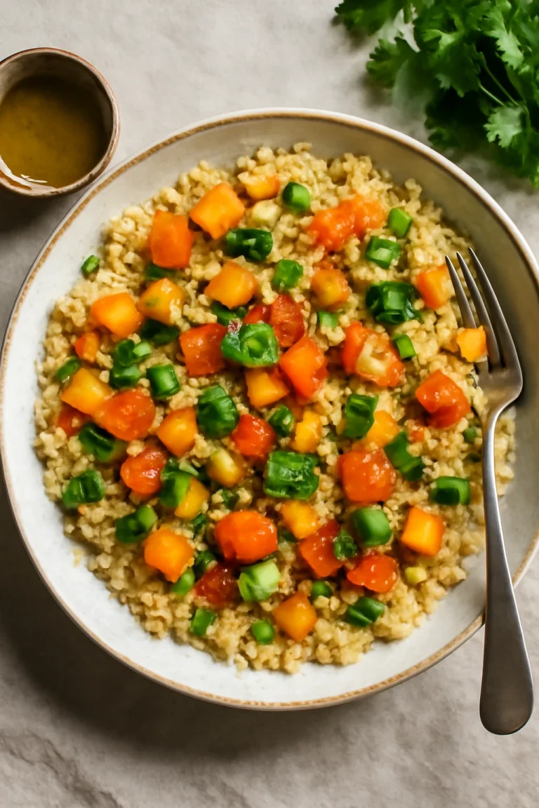 Klasszikus couscous tálalva, zöldségekkel, friss korianderrel és olívaolajjal