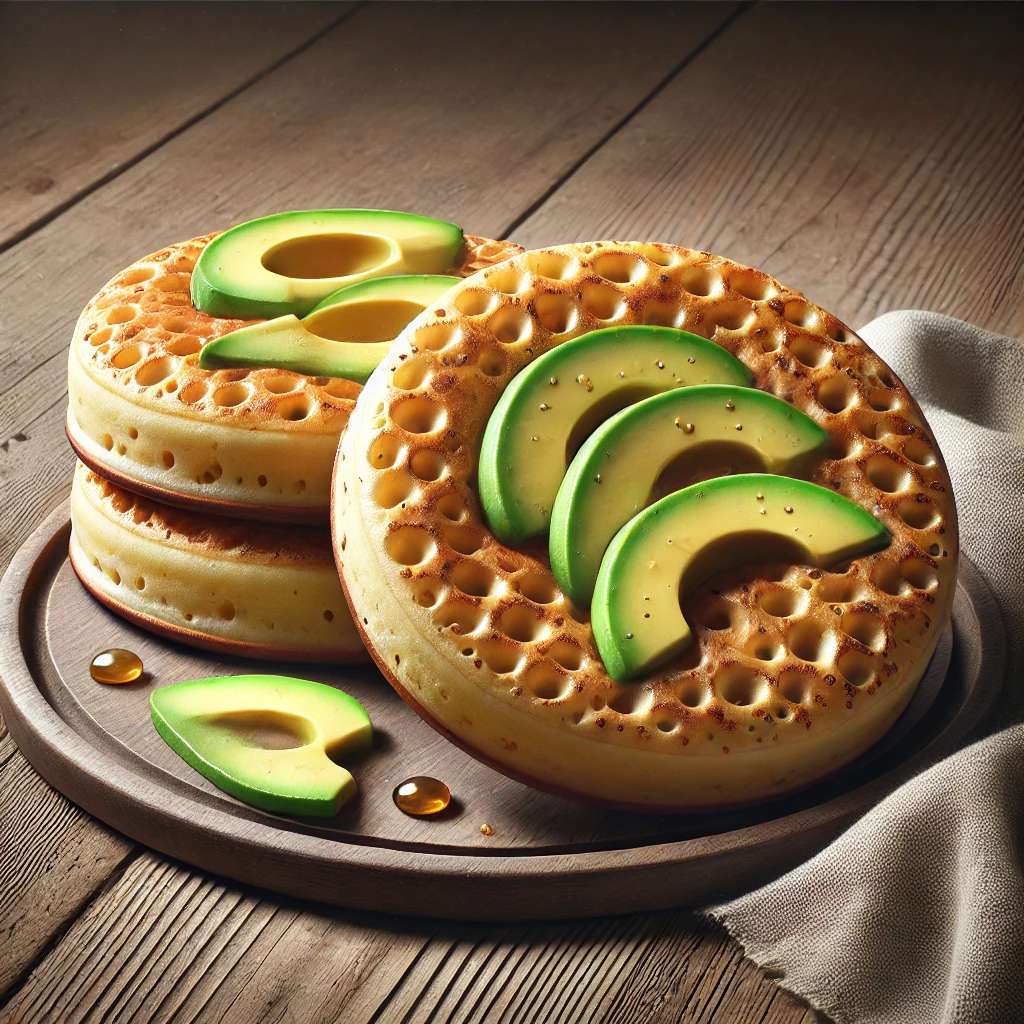 Angol reggeli crumpet, avokádóval tálalva