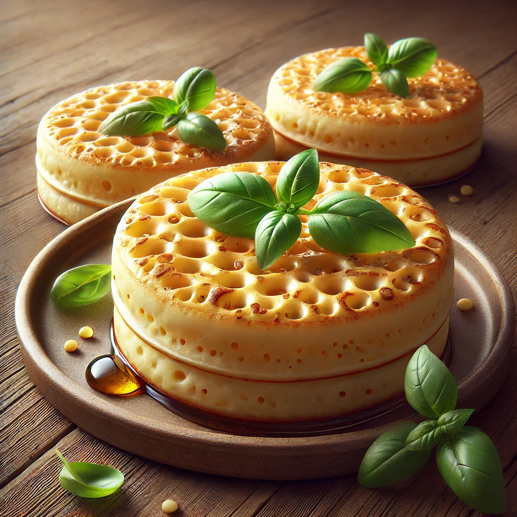 Angol reggeli crumpet, bazsalikommal tálalva