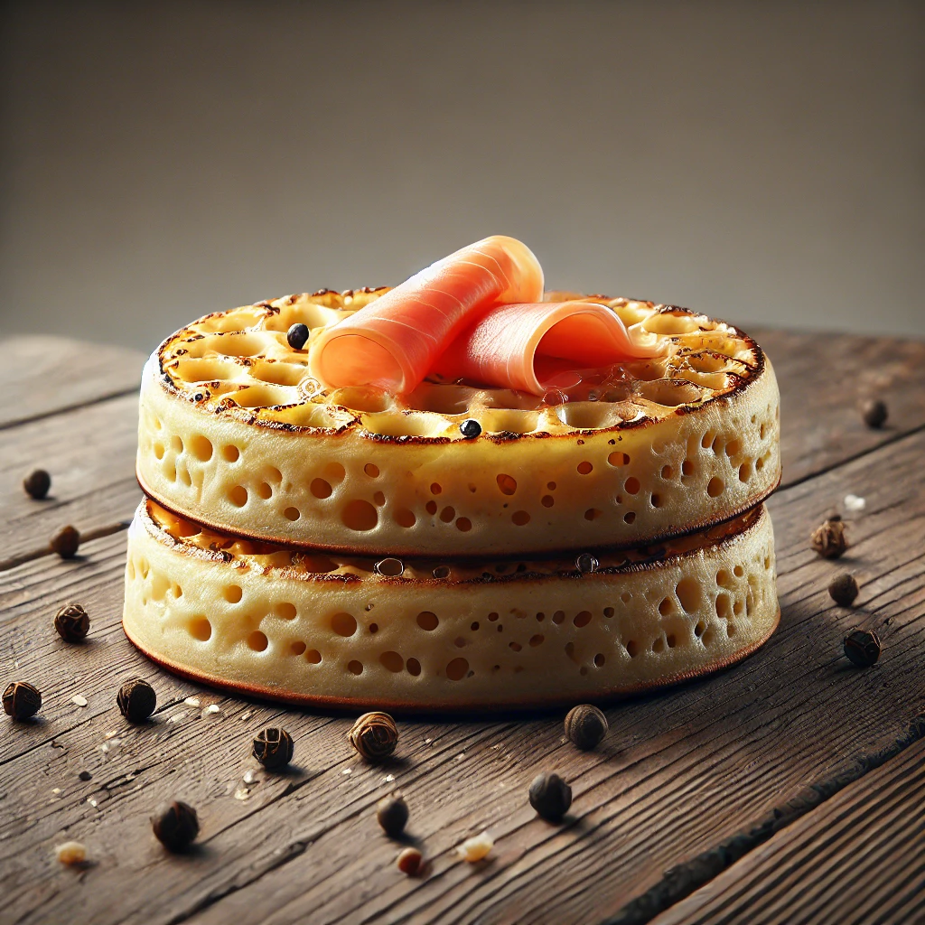Angol reggeli crumpet, füstölt lazaccal tálalva