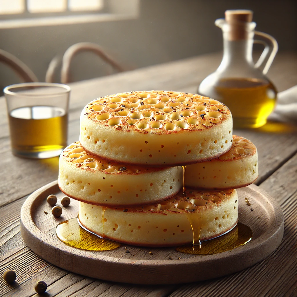 Angol reggeli crumpet, fűszeres olívaolajjal tálalva