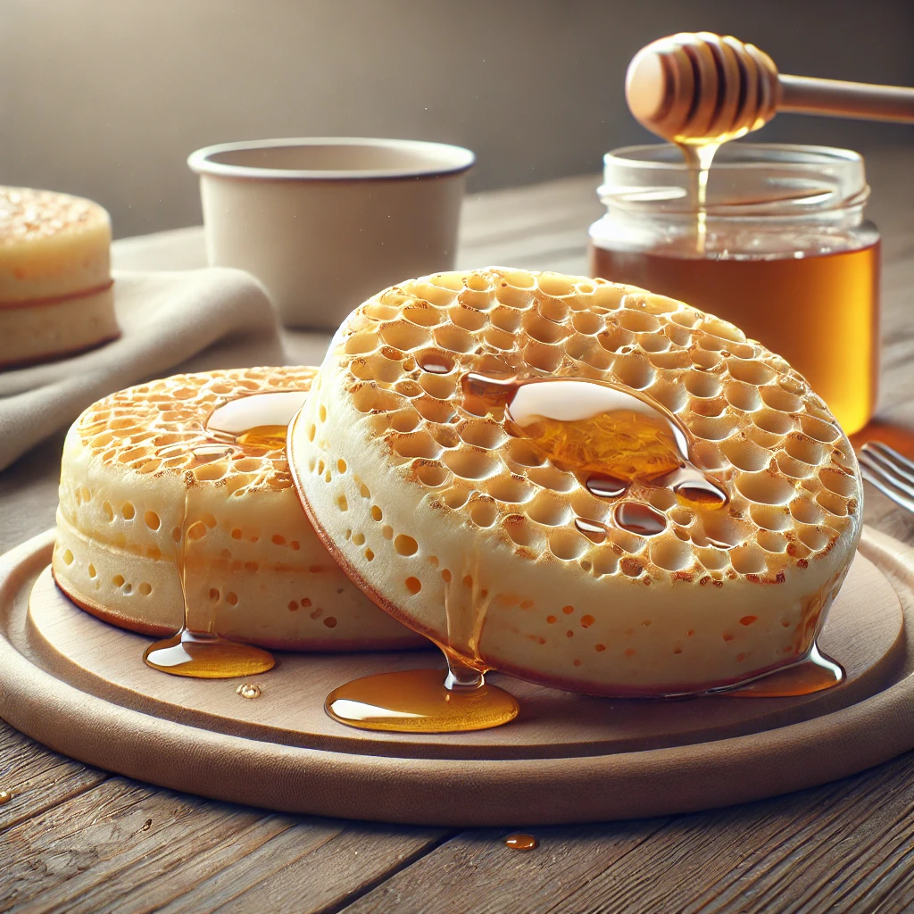 Angol reggeli crumpet, mézzel tálalva