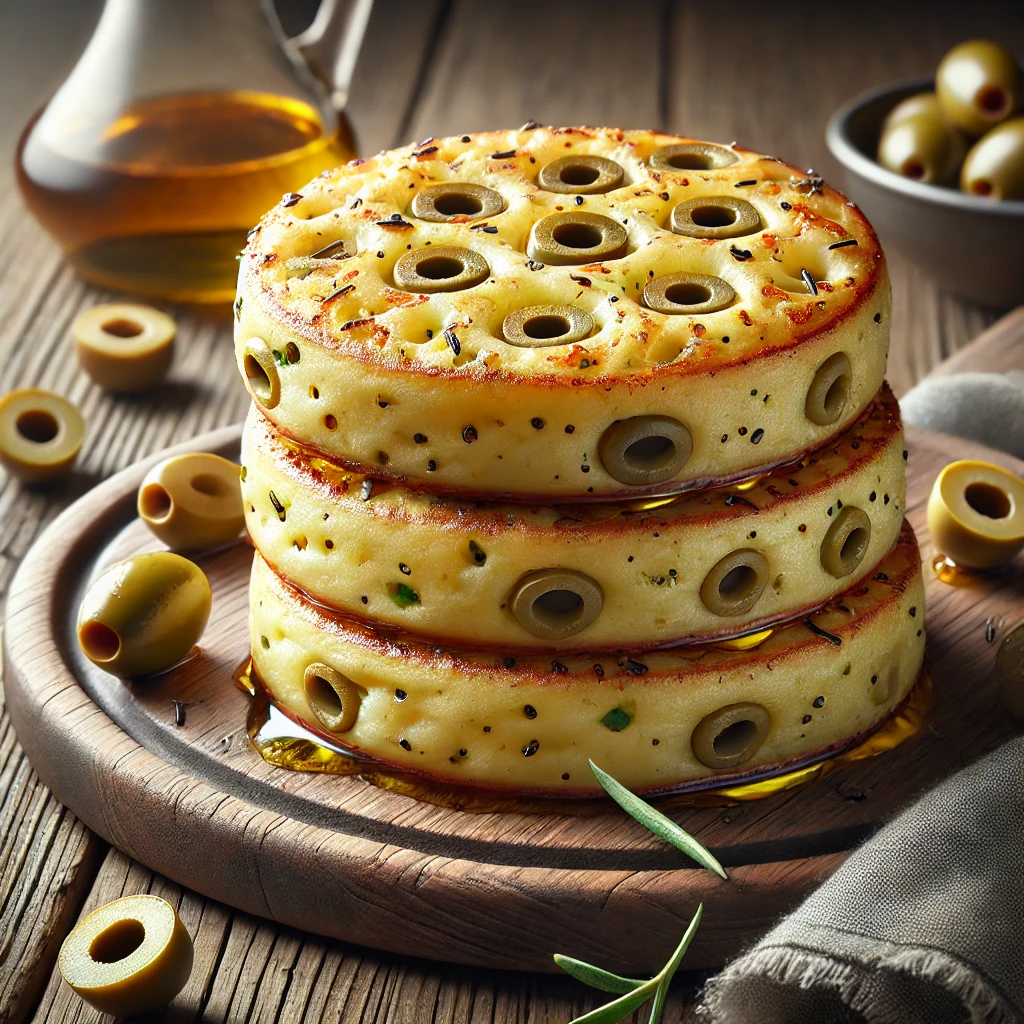 Finom crumpet olajbogyóval, frissen tálalva
