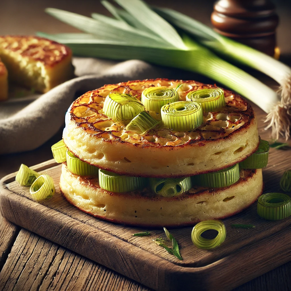 Finom crumpet póréhagymával, frissen tálalva