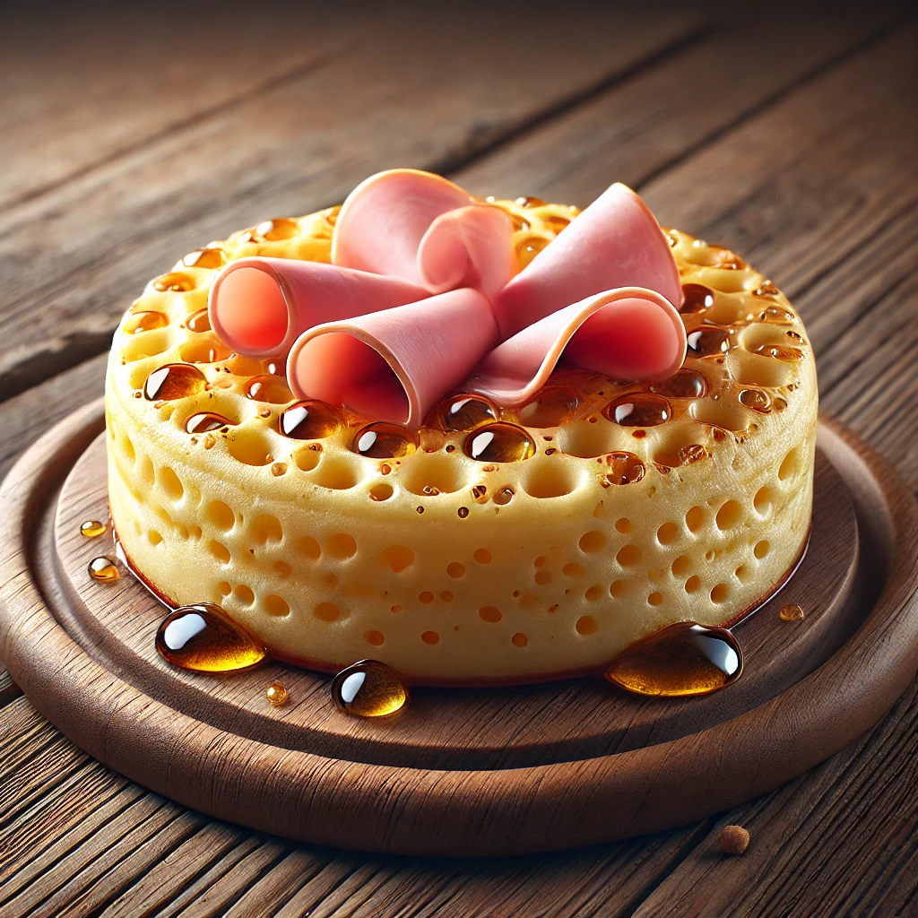 Angol reggeli crumpet, pulykasonkával tálalva