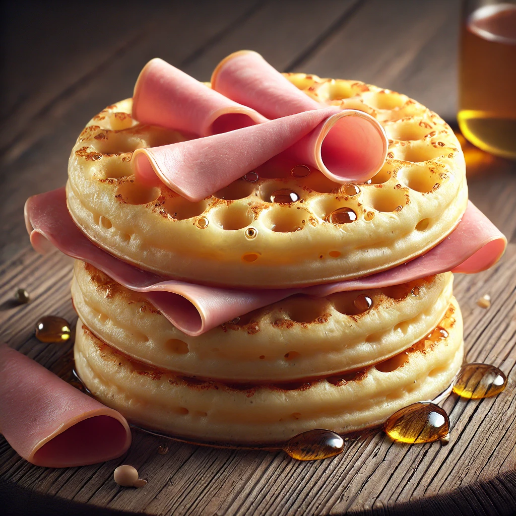 Angol reggeli crumpet, sonkával tálalva