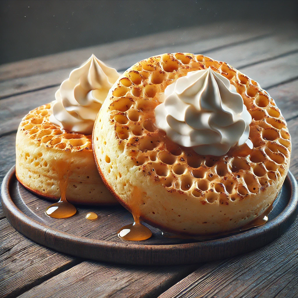Angol reggeli crumpet, tejszínhabbal tálalva