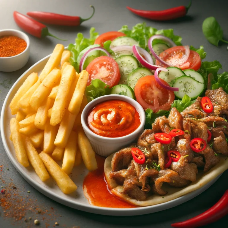 Csípős gyros tál sült hússal, zöldségekkel és chili-s szósszal