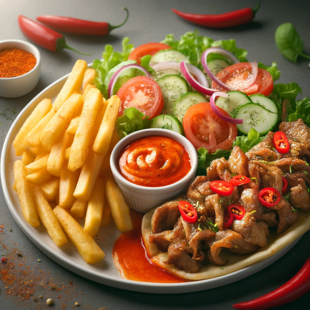 Fűszeres és csípős gyros sült krumplival és friss salátával