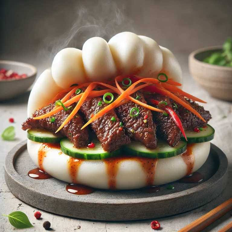 Csípős marhahúsos bao bun tálalva